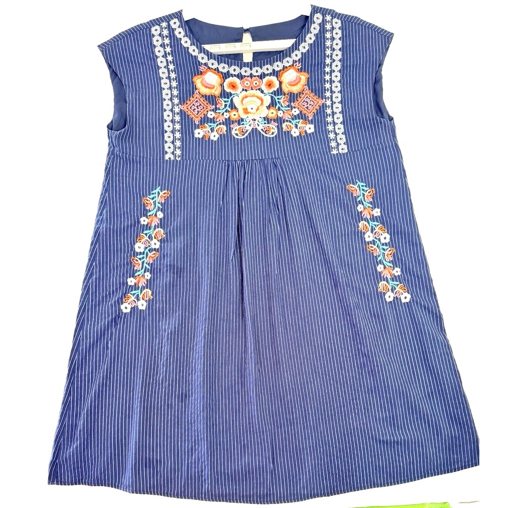 Women's Embroidered Pinstripe Dress XL Floral Bohemian Lined Beach Resort Casual